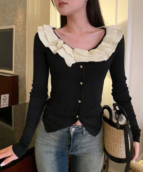 フリルニットトップス オフショルダー秋服 レディース タイトリブニット ボダン付き ニットソー きれいめニットセーター ボーダー柄 ショート丈 ニットカーディガン 80ZHONGYI-001